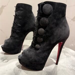 Christian Louboutin Charcoal Gray Suede Heeled Boots Size 37.5
